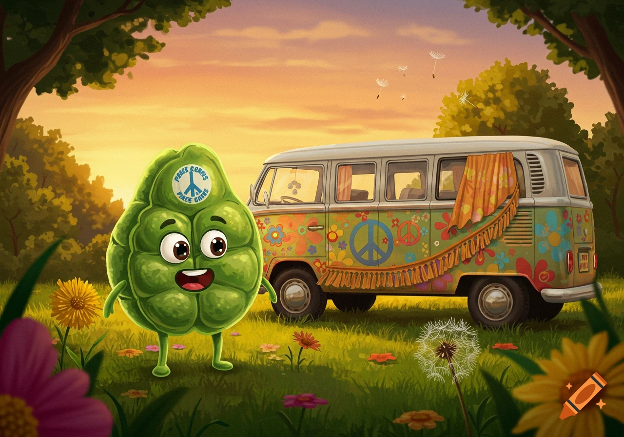 A happy, green cartoon chloroplast character with a Peace Corps badge stands in a grassy field, next to a retro, flower-covered Volkswagen van under a sunset sky.