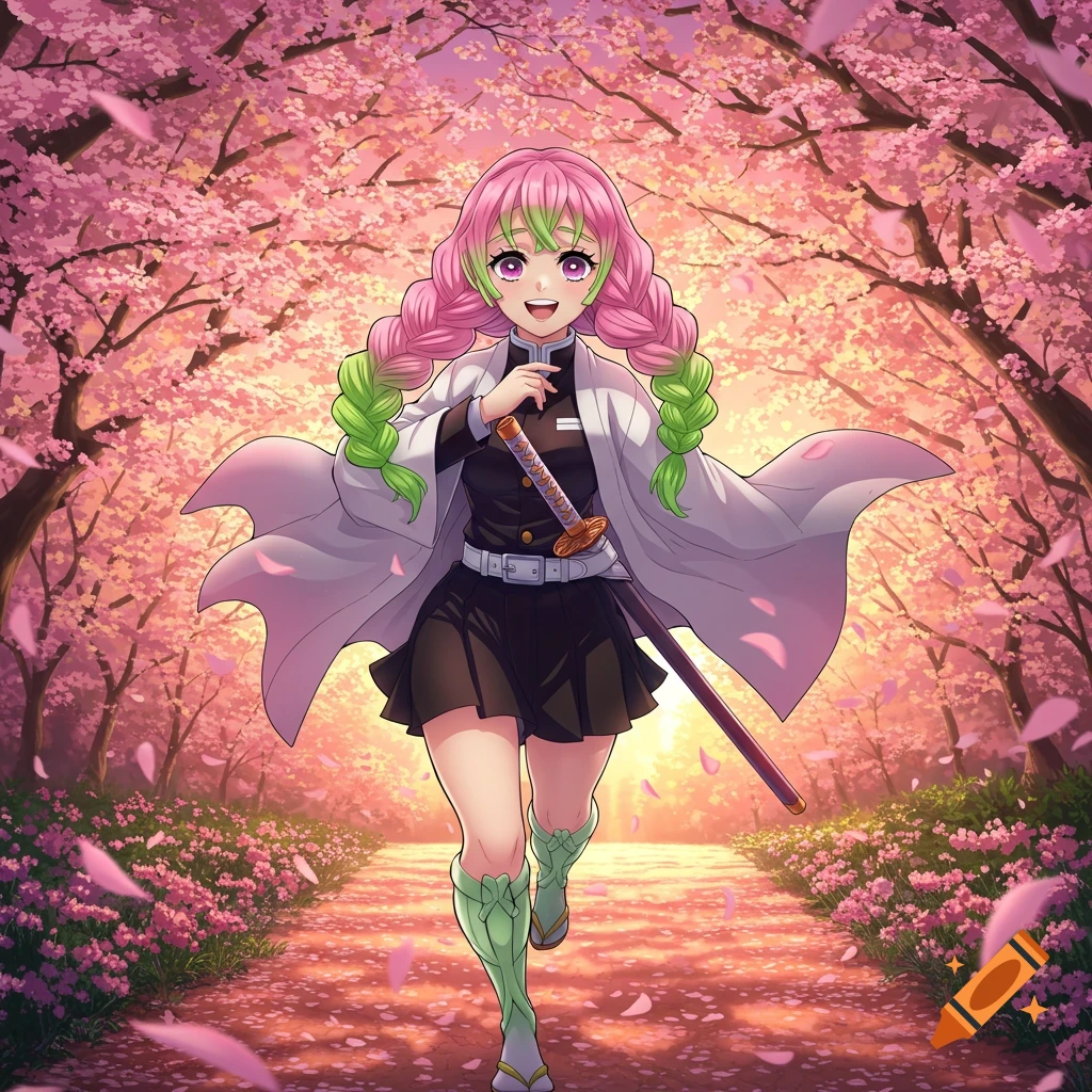 Mitsuri Kanroji from Demon Slayer running happily on a path lined with pink cherry blossom trees, anime style.
