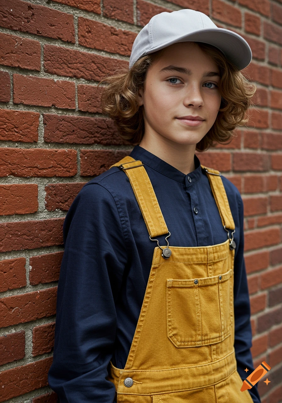 A photorealistic portrait of a young boy with wavy brown hair, wearing a gray cap, navy shirt, and mustard yellow overalls, leaning against a red brick wall.