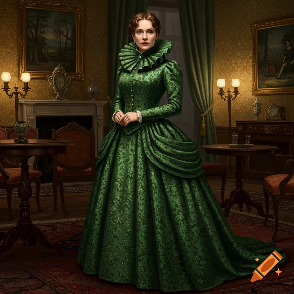 A woman in an elegant, green floral silk 1880s bustle gown with a high ruffled collar, standing in a richly decorated room.