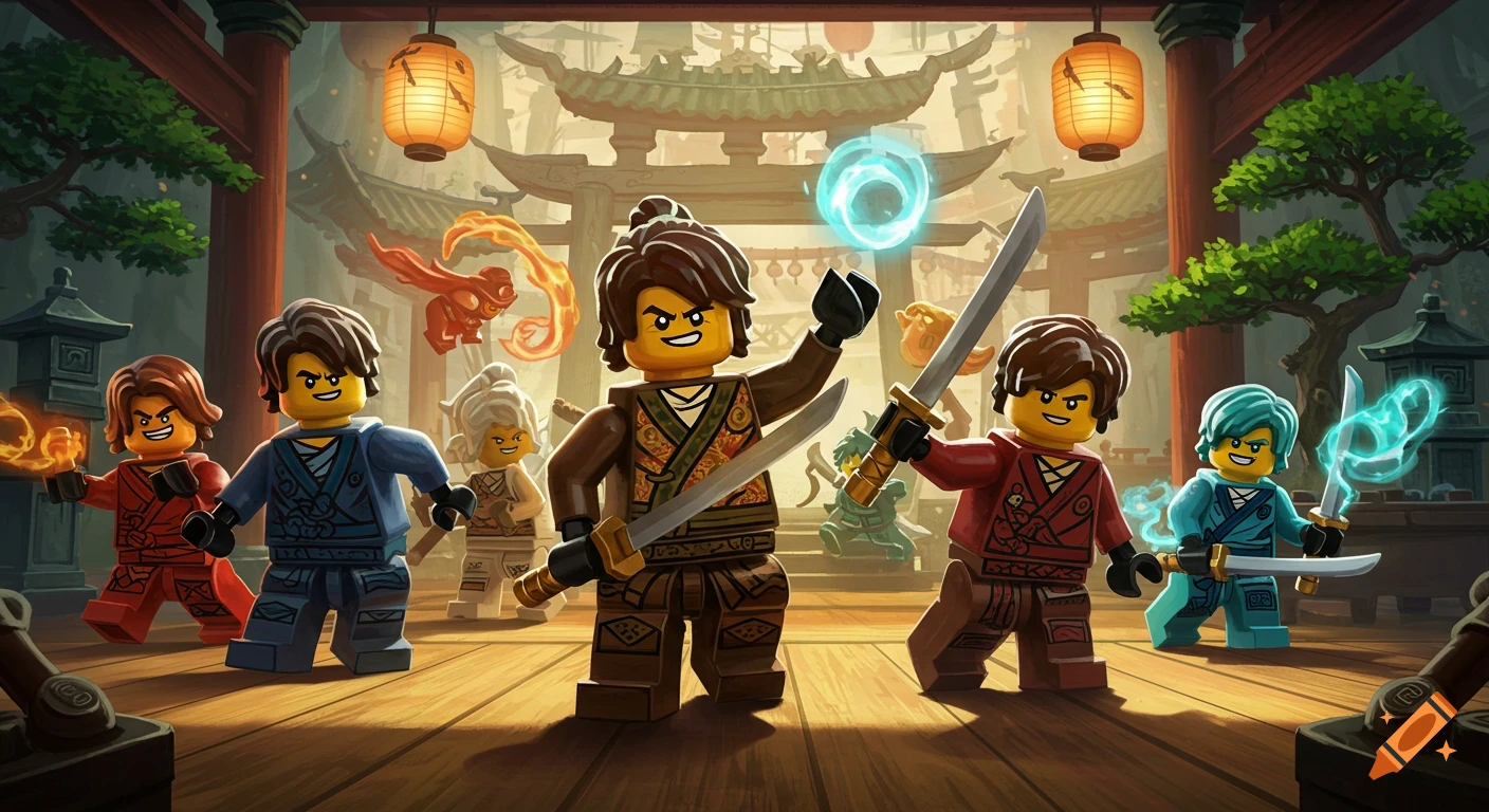 Several Lego Ninjago ninja characters pose with swords and elemental powers in a vibrant, stylized Japanese temple.