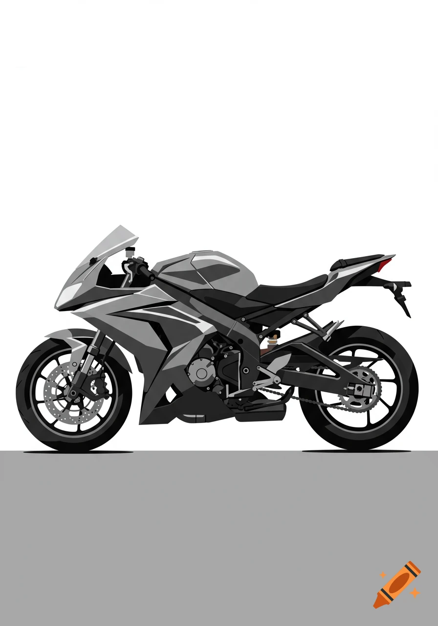 A grey and black sport motorcycle in a flat design style, viewed from the side, on a white and grey background.