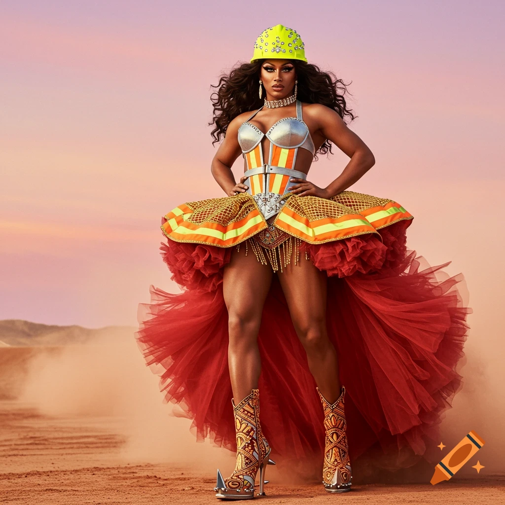 A drag queen in a construction worker-inspired outfit with a hard hat, corset, ruffled skirt, and spiked boots stands in a desert.