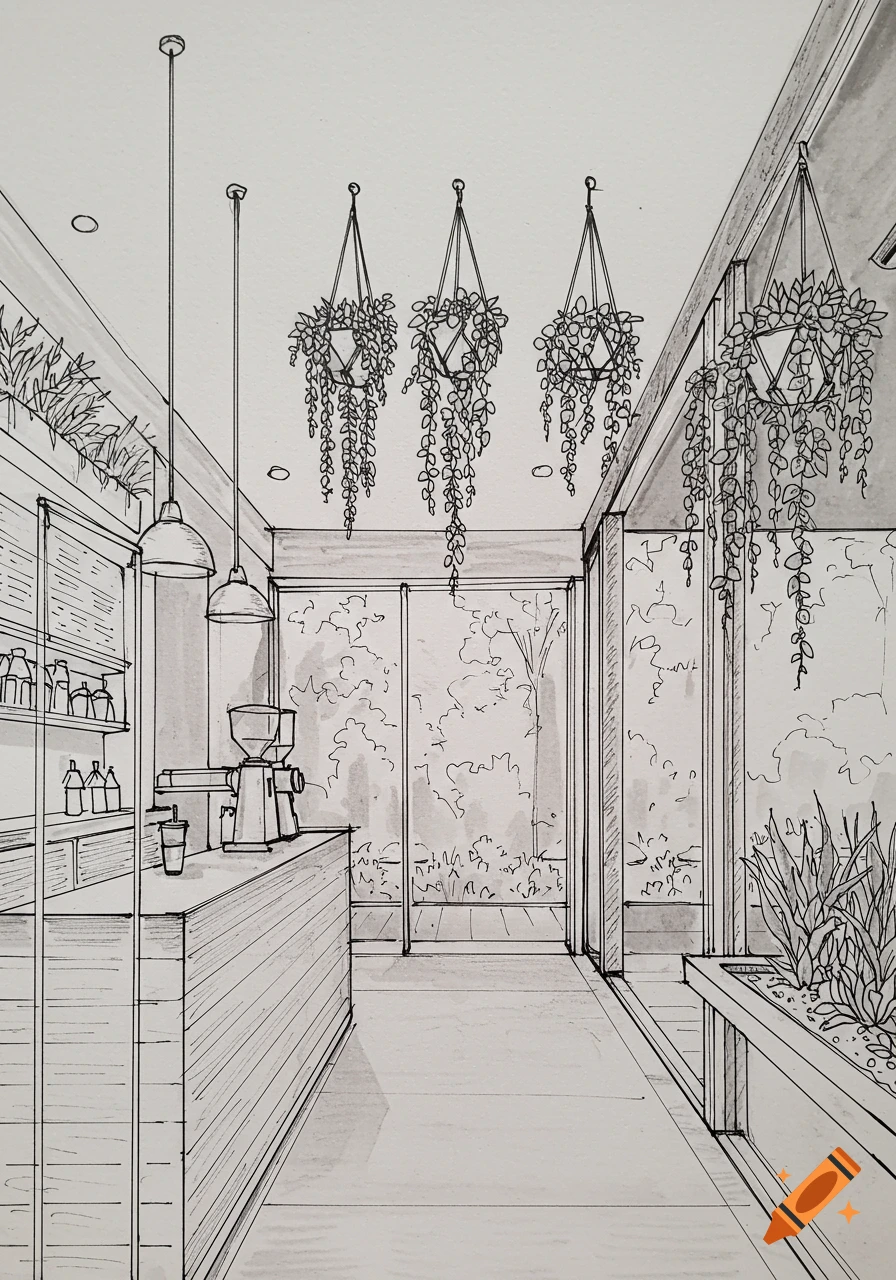 Black line sketch of a cafe interior with a wooden coffee bar, hanging succulents, and large glass windows looking outside.