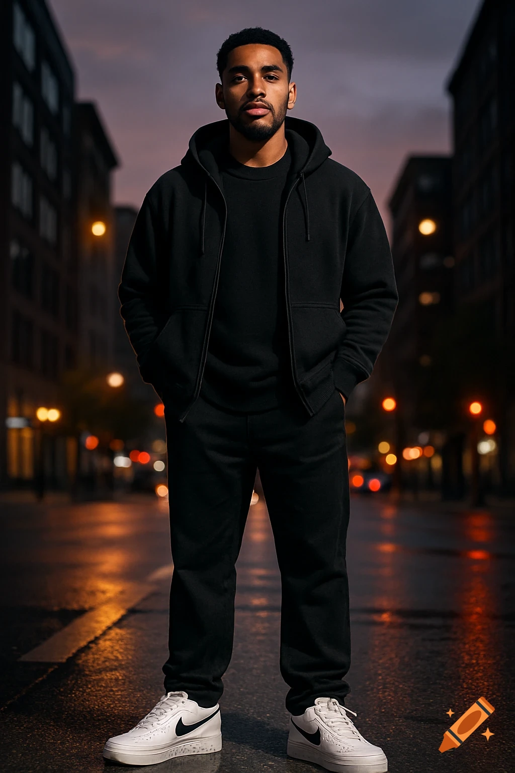 A man in black hoodie and pants, white Nike shoes, stands on a wet city street at dusk. Photorealistic.