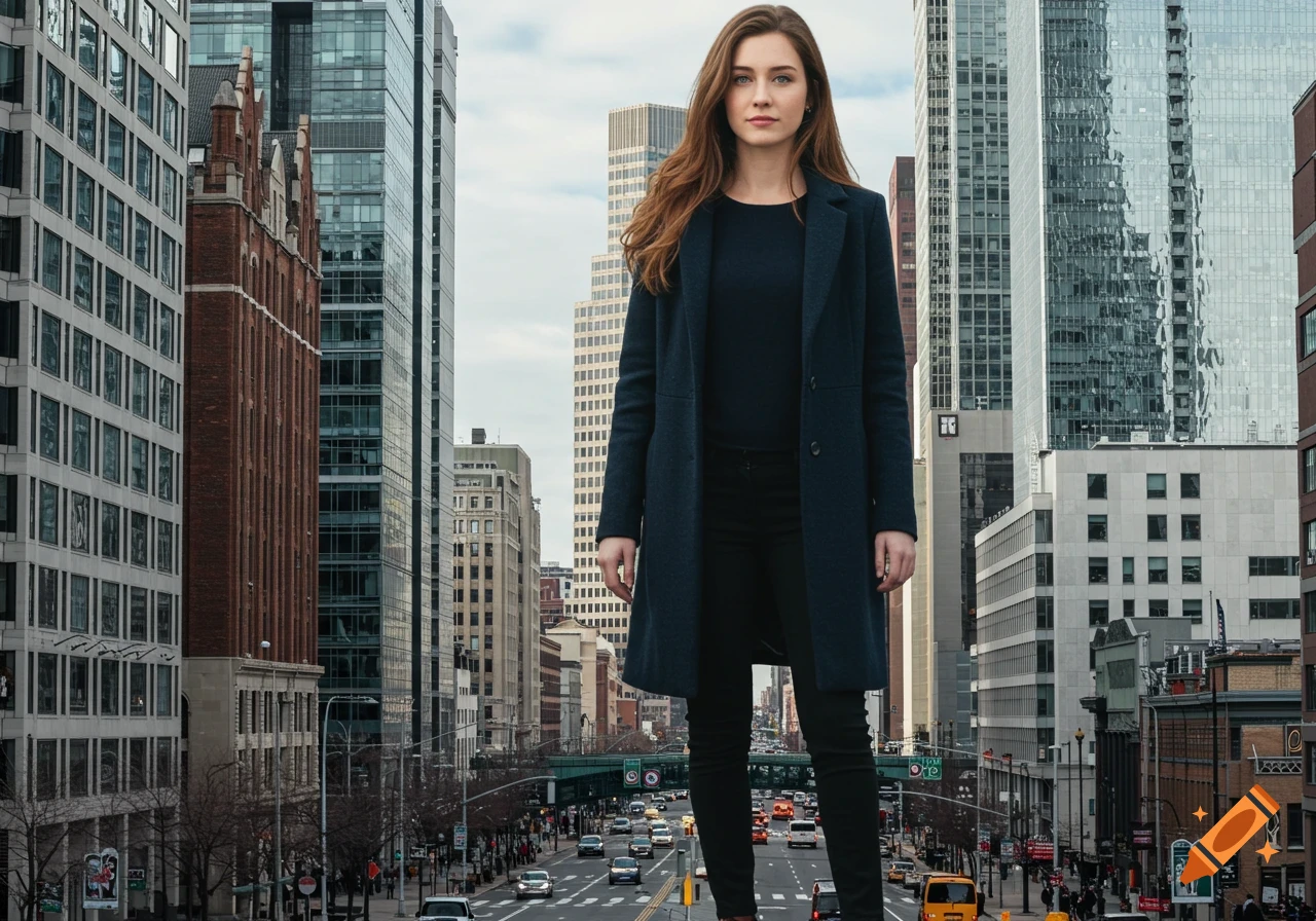 A giant woman stands on a city street, looking directly at the viewer. Tall skyscrapers surround her, and cars line the street below.