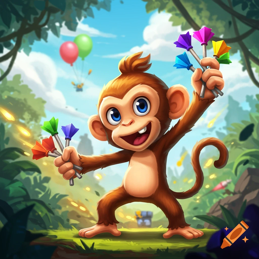 A happy cartoon monkey holds colorful darts in a vibrant jungle setting with balloons in the sky, in a gaming art style.