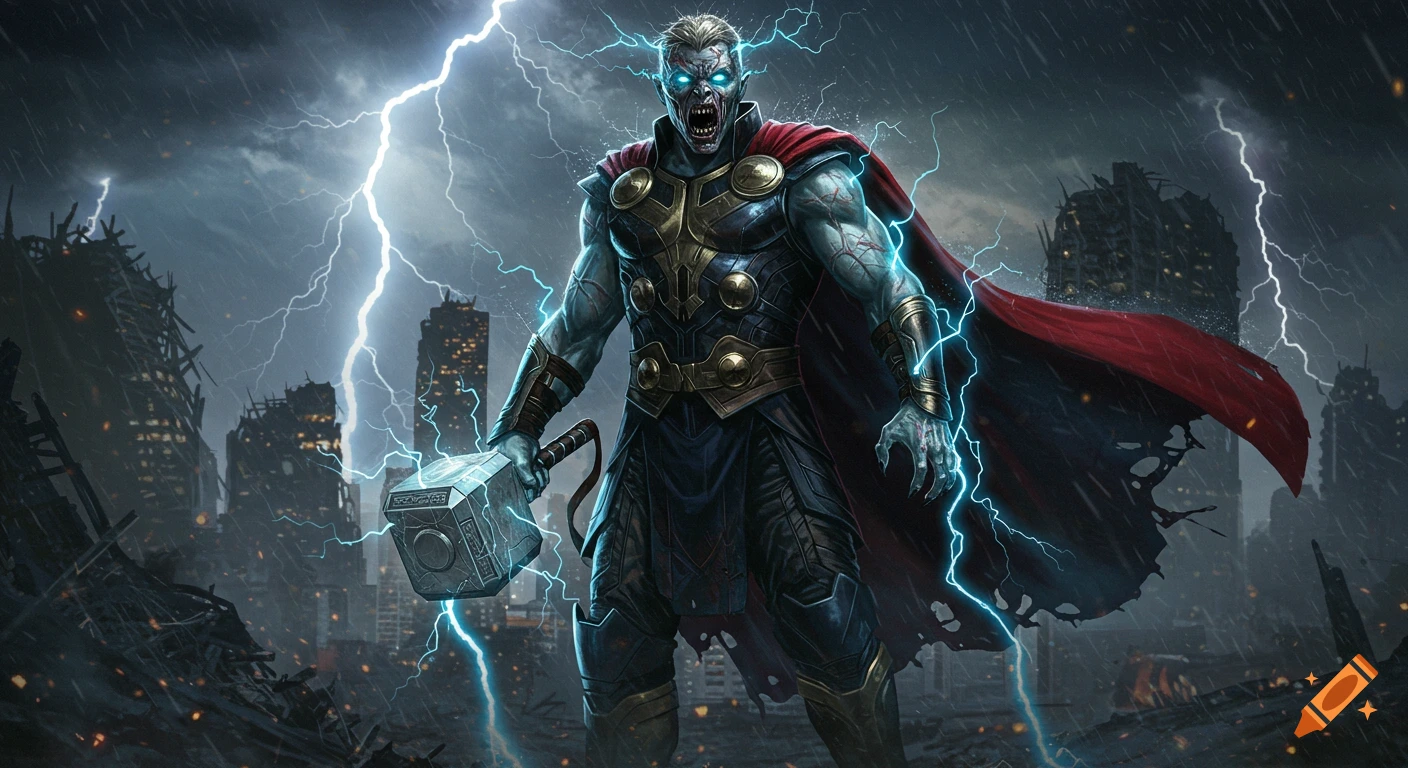 A grotesque zombie-like Thor with glowing blue eyes and lightning, holding a distorted Mjolnir in a ruined, stormy cityscape in a hyper-detailed comic book style.