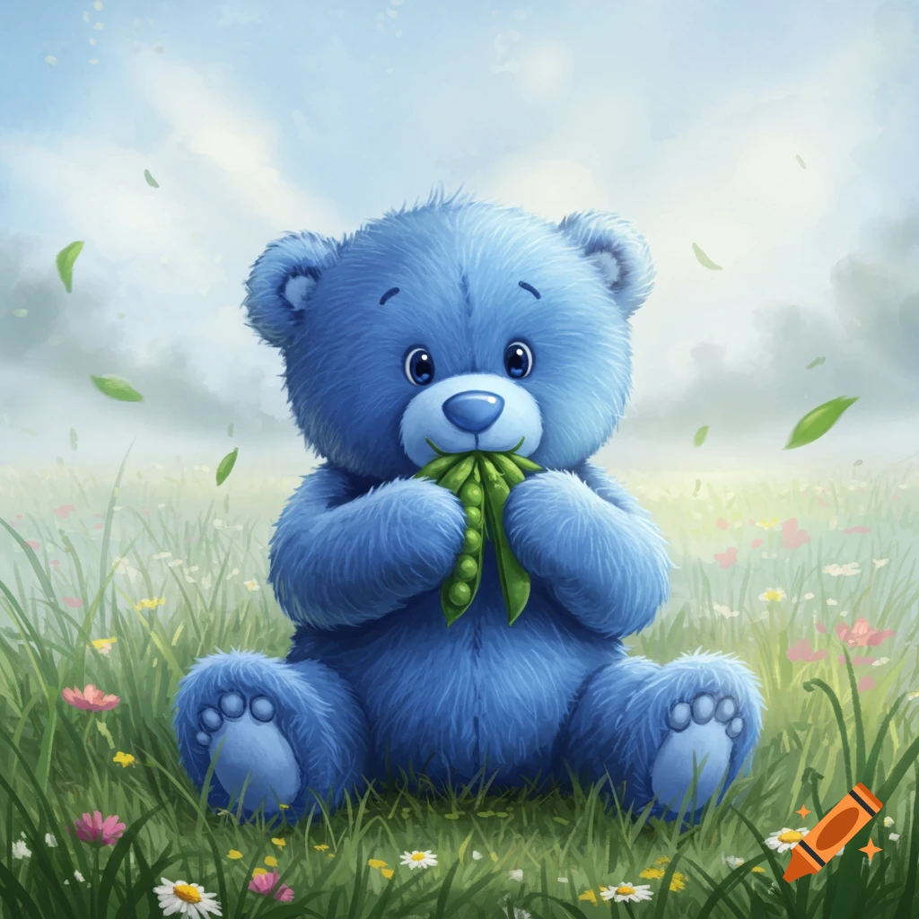 A cute blue teddy bear sits in a grassy field, eating peas from a pod, with green leaves falling around it under a bright sky.