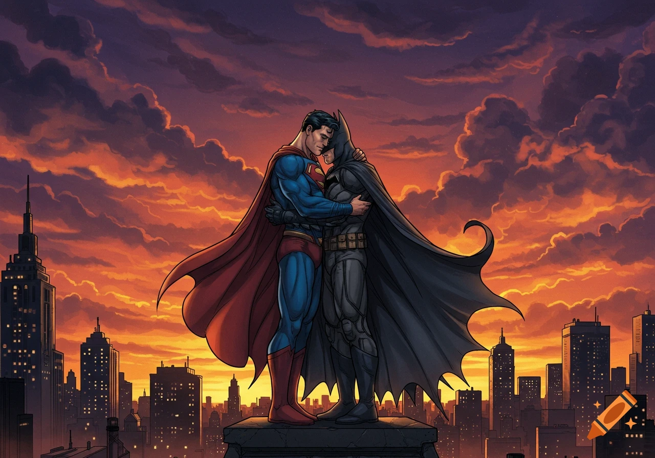 Superman and Batman embrace on a rooftop overlooking a city skyline at sunset in a comic art style.