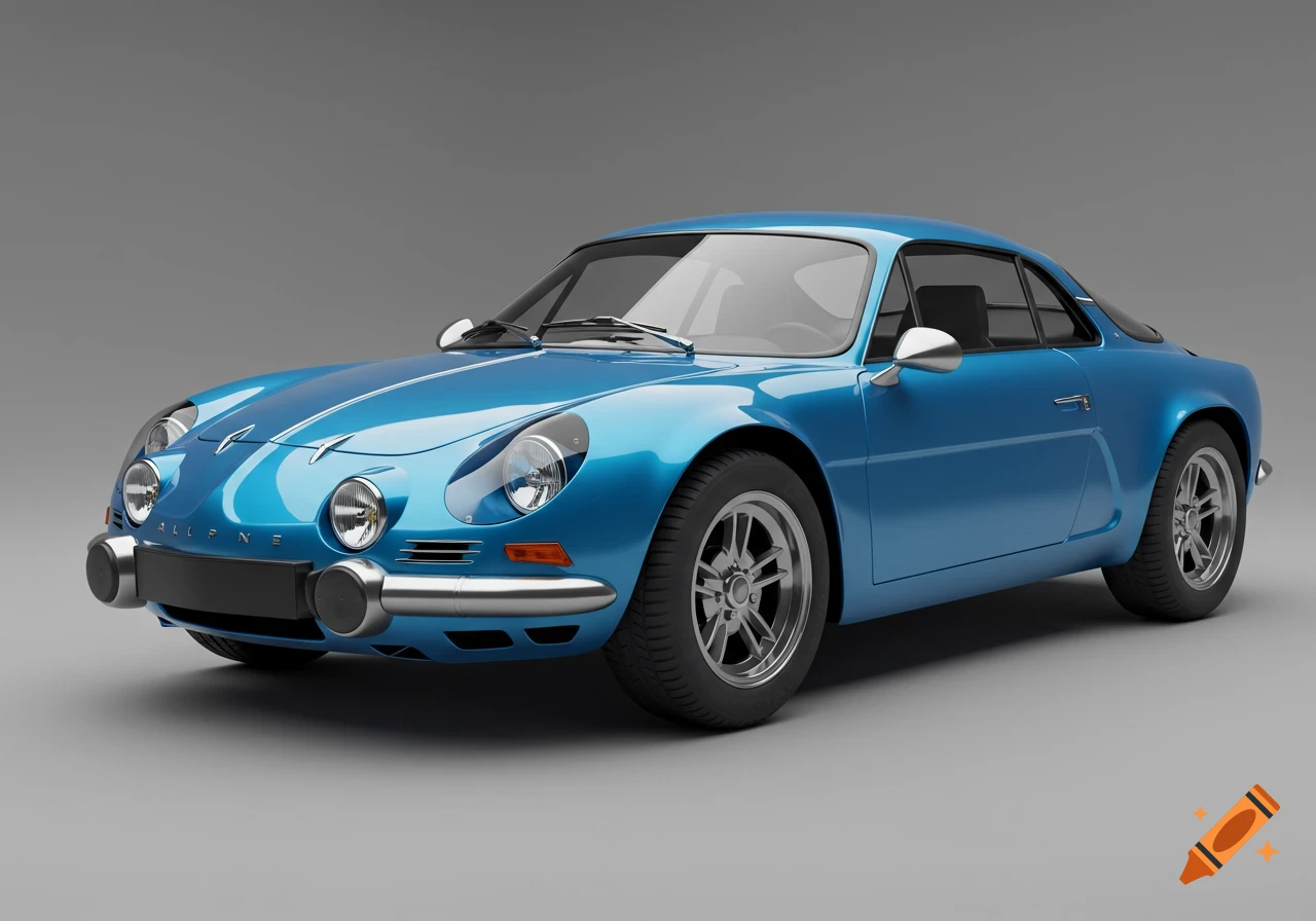 A gleaming blue classic Alpine A110 sports car, viewed from the front-side, against a plain gray background.