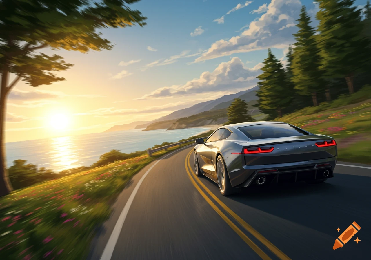A sleek gray sports car drives along a scenic coastal road at sunset, with mountains and ocean in the background.