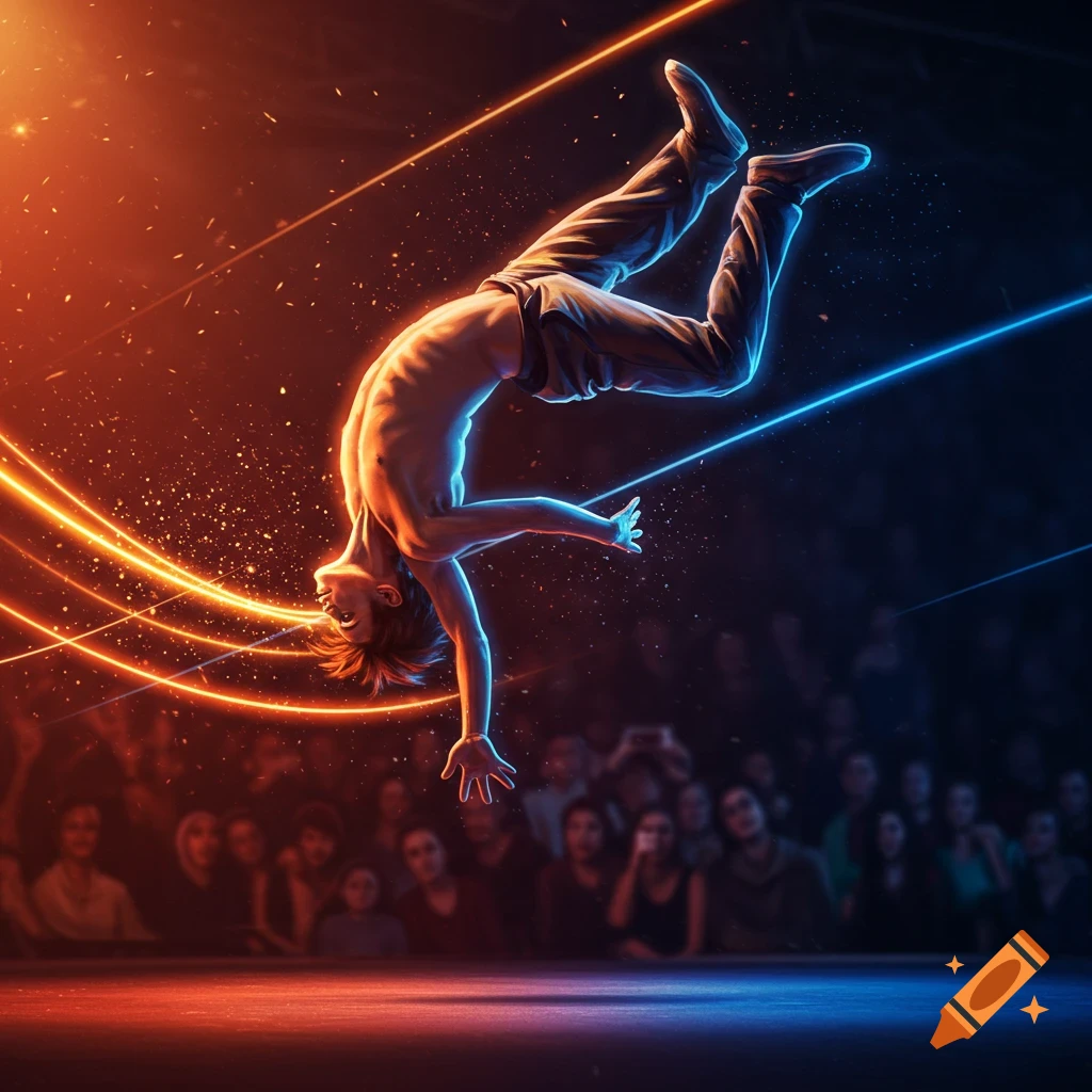 A shirtless man in pants performs a dynamic handstand or backflip under dramatic orange and blue neon lighting on a stage, with a blurred audience in the background.