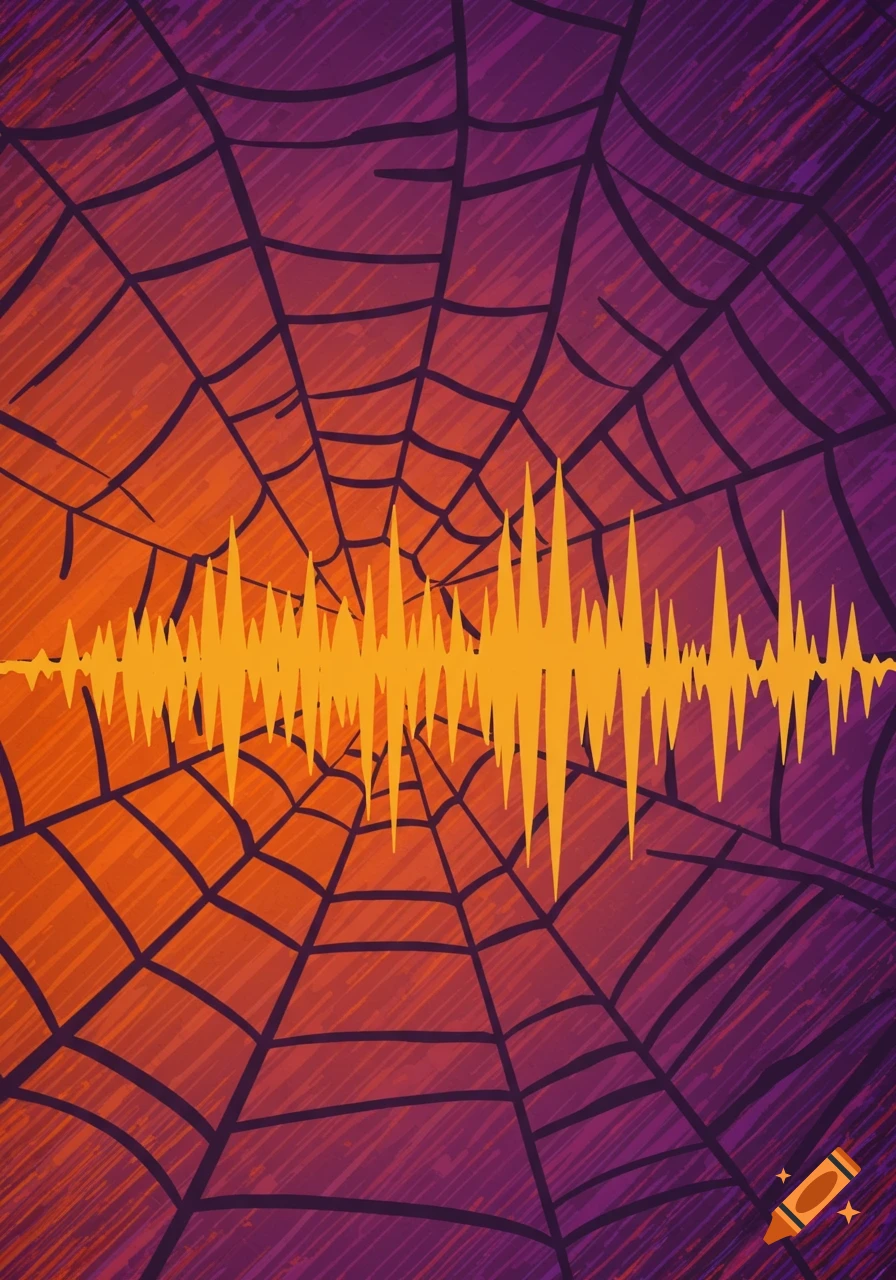 A comic book style illustration of a yellow soundwave over an orange and purple background with a black spider web.
