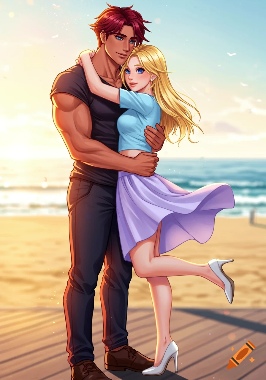 An anime couple with dark red hair and blonde hair hugging on a beach boardwalk at sunset.