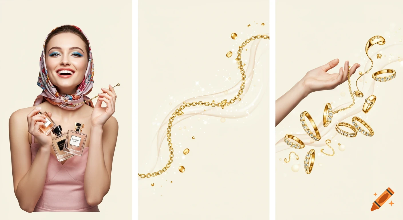 A triptych. A smiling woman in a scarf holds perfume bottles. Gold chains and rings float against a cream background.