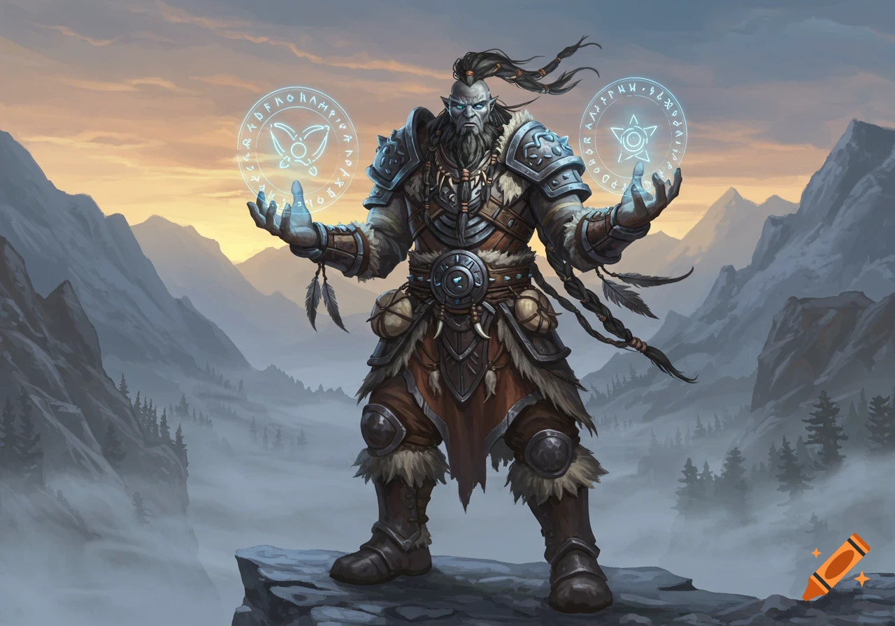 A powerful Goliath mage in barbarian armor stands on a cliff, holding glowing magical runes in his hands, with misty mountains in the background.