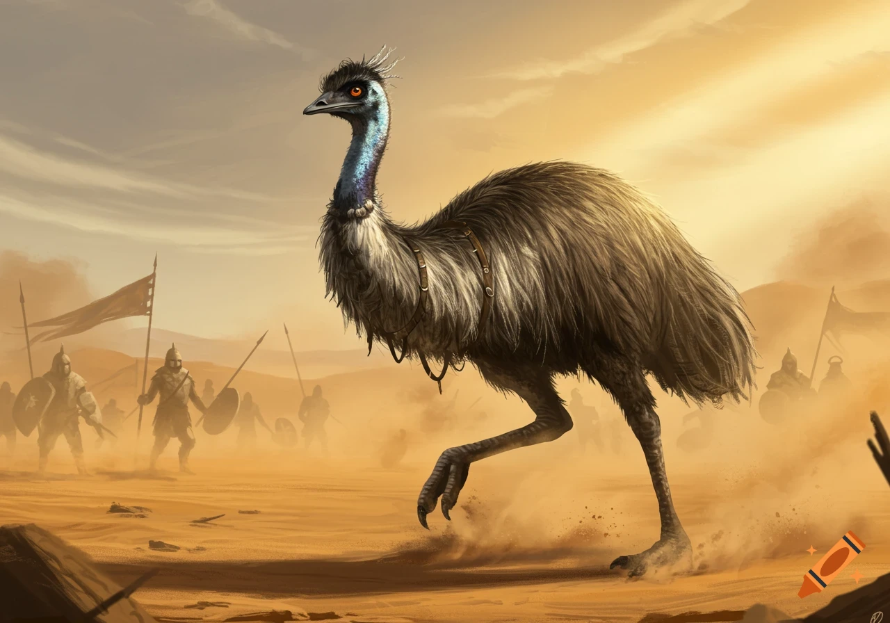 A tough emu wearing a leather harness runs through a dusty desert battlefield with silhouetted soldiers in the background, digital painting.