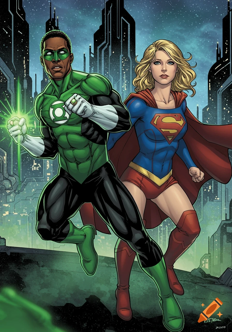 Green Lantern and Supergirl in superhero costumes stand ready against a futuristic city, comic book style.