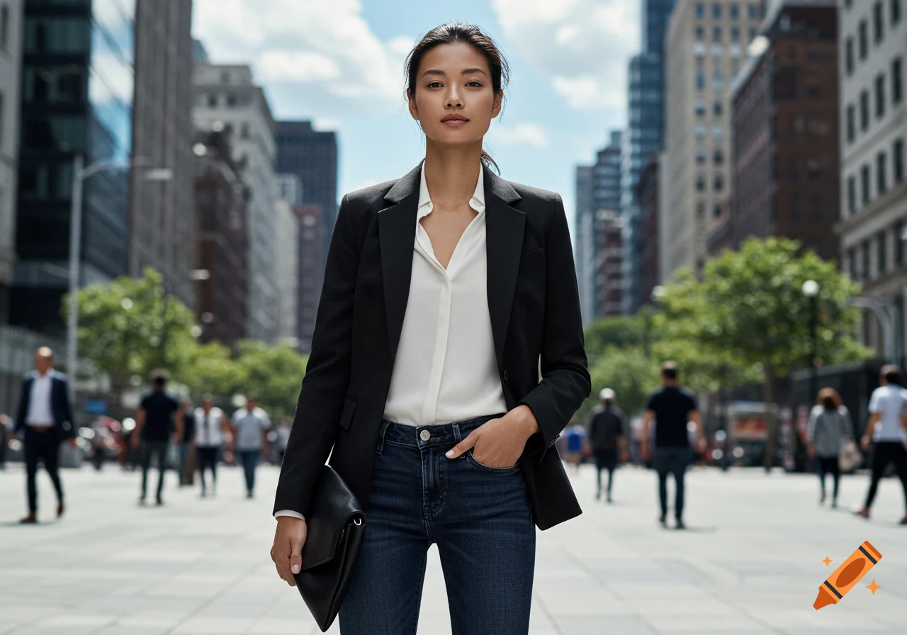 A young woman in a black blazer, white shirt, and blue jeans stands on a city street, looking confidently at the camera.