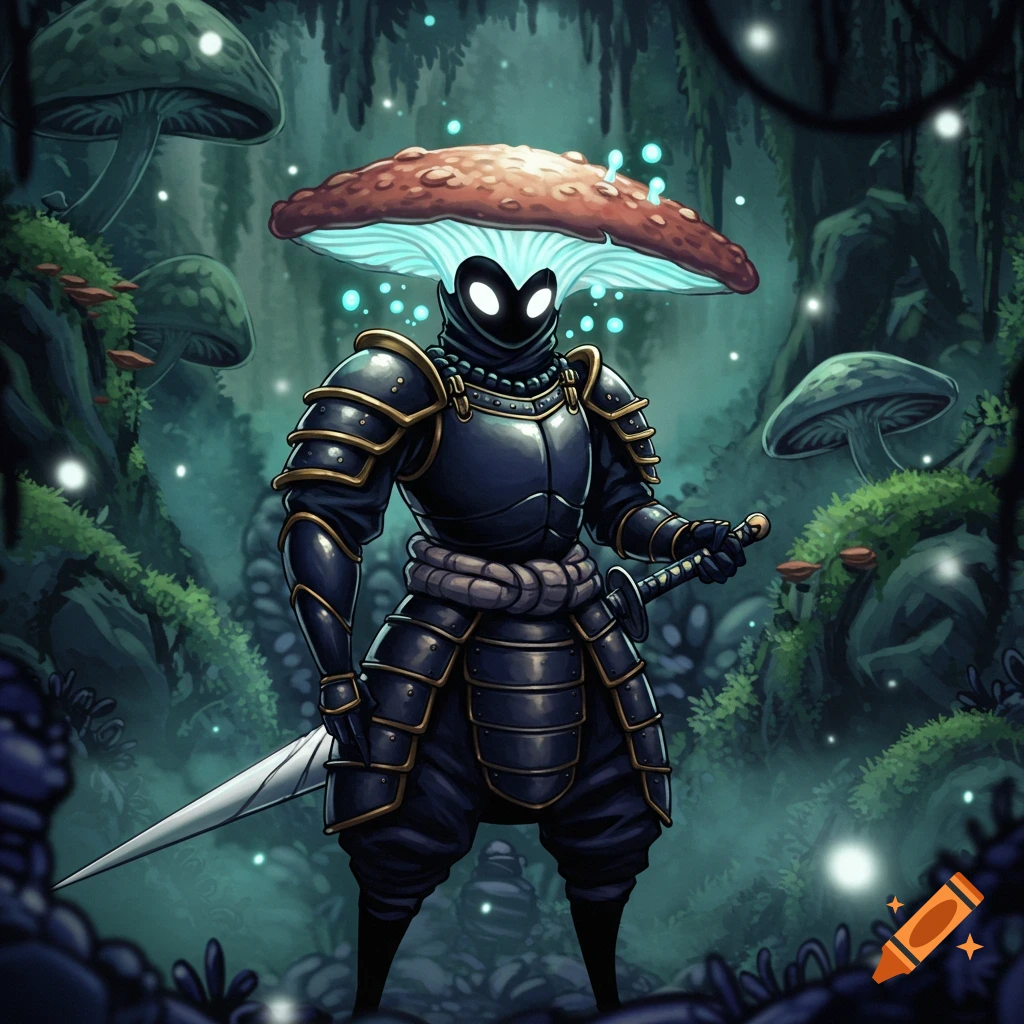 A mushroom-headed samurai warrior in dark armor holds a sword in a glowing, mystical forest. Stylized art.