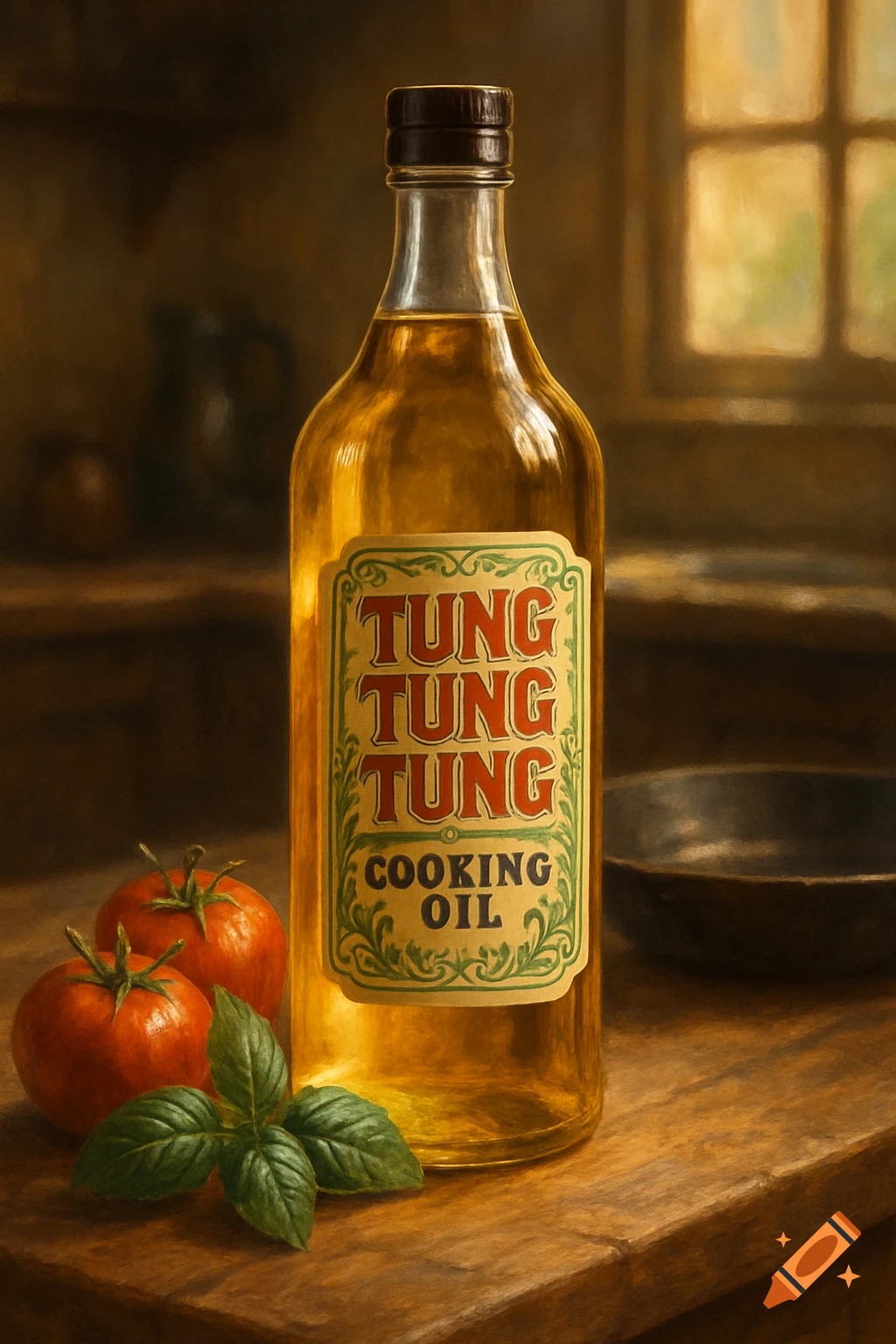 A bottle of 'TUNG TUNG TUNG COOKING OIL' stands on a wooden counter with two red tomatoes and green basil leaves next to it.