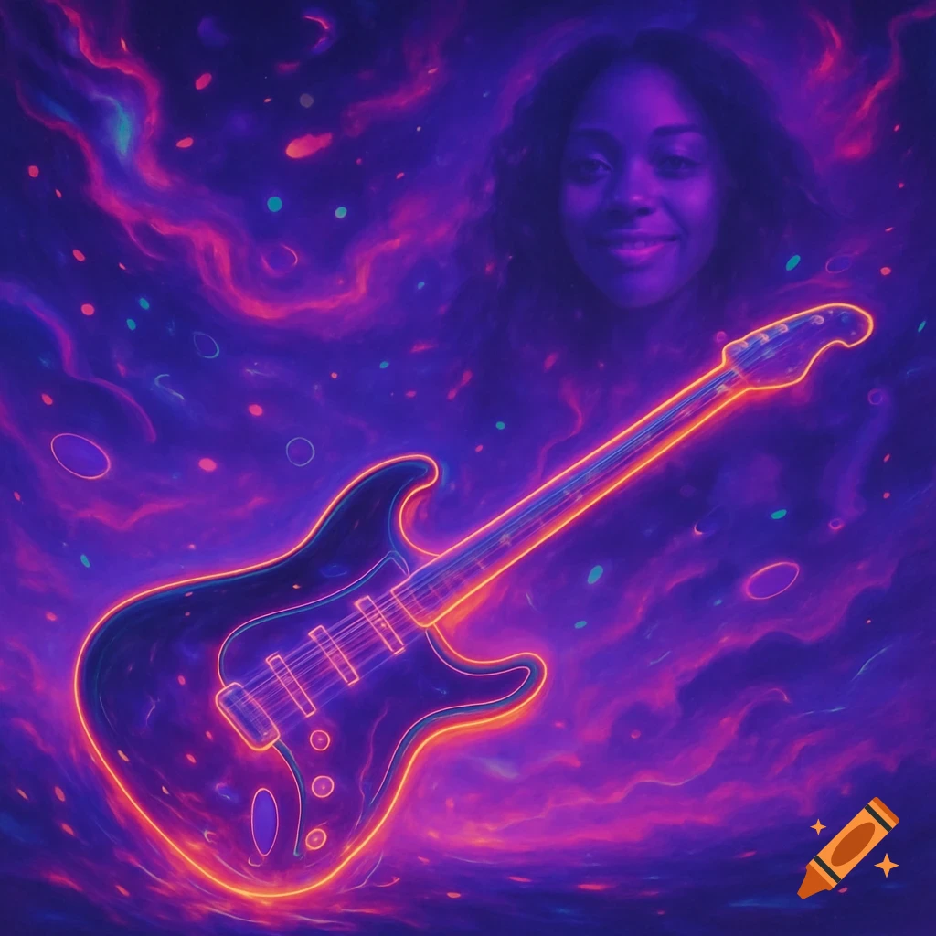 A neon-glowing electric guitar floats in a purple and pink surreal dreamscape with a faintly smiling Black woman's face in the upper right.