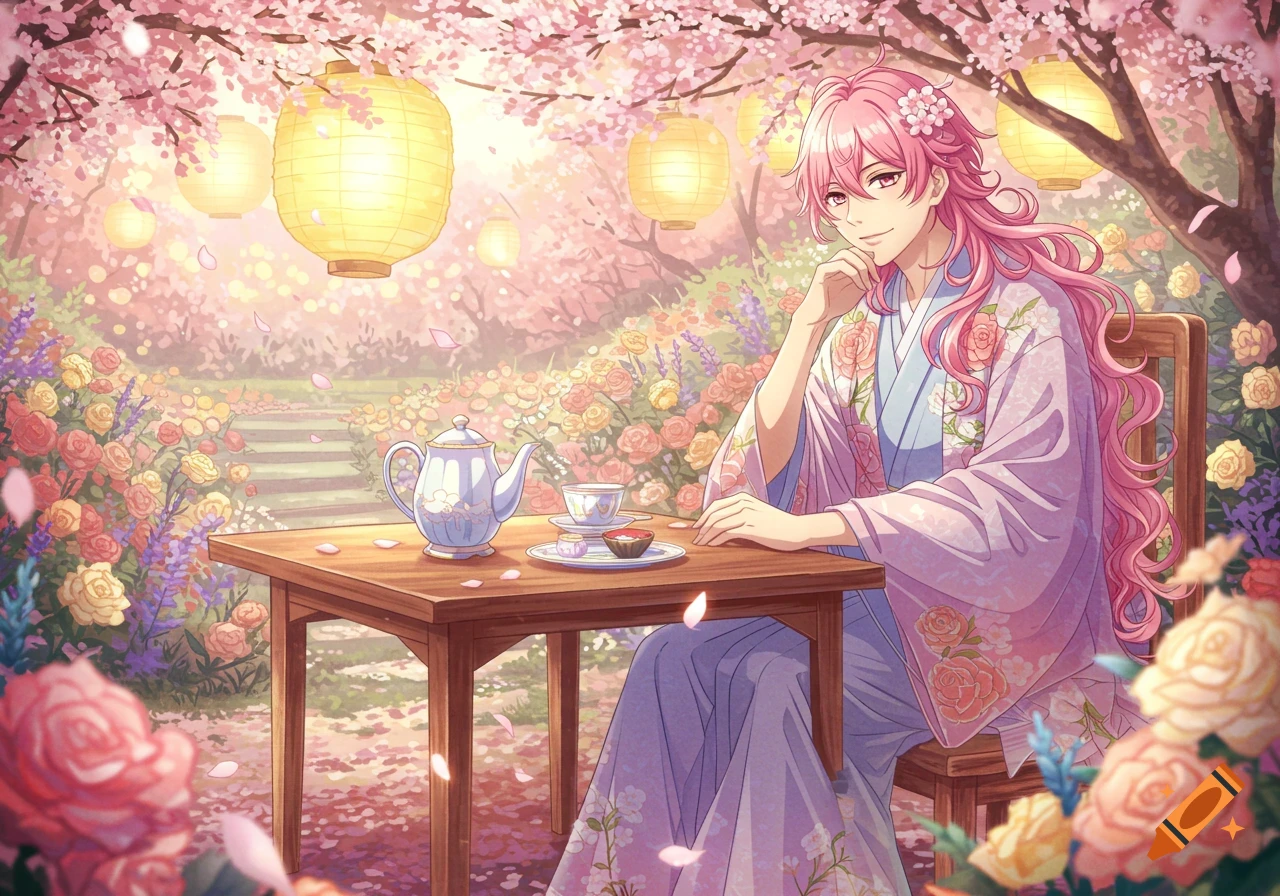 An anime boy with long pink hair in a kimono sits at a tea table in a lush cherry blossom garden under glowing lanterns.