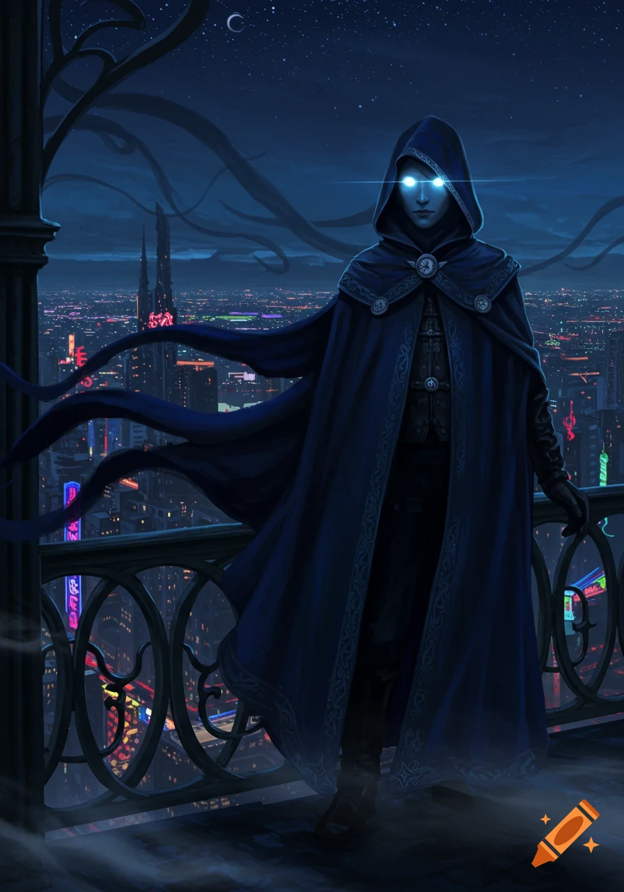 A mysterious hooded figure with glowing eyes stands on a balcony overlooking a neon-lit cyberpunk city at night under a starry sky.