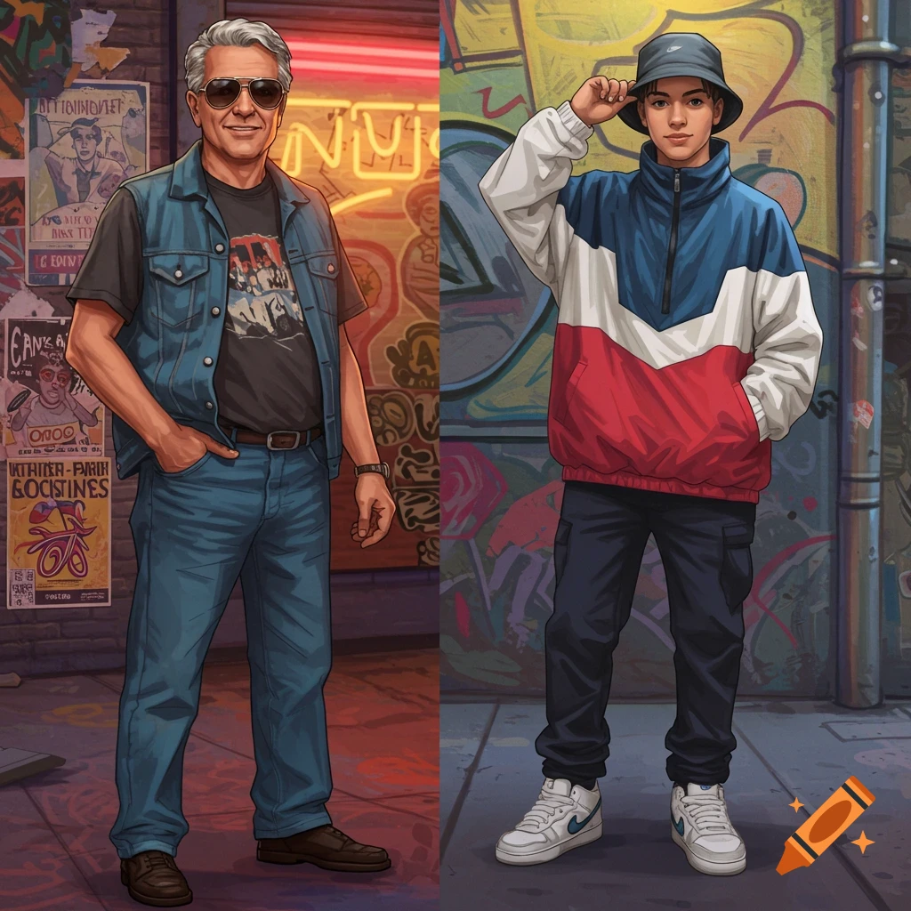 Illustration of an older man in a denim vest and a younger man in a colorful jacket, both wearing streetwear against a graffiti wall.