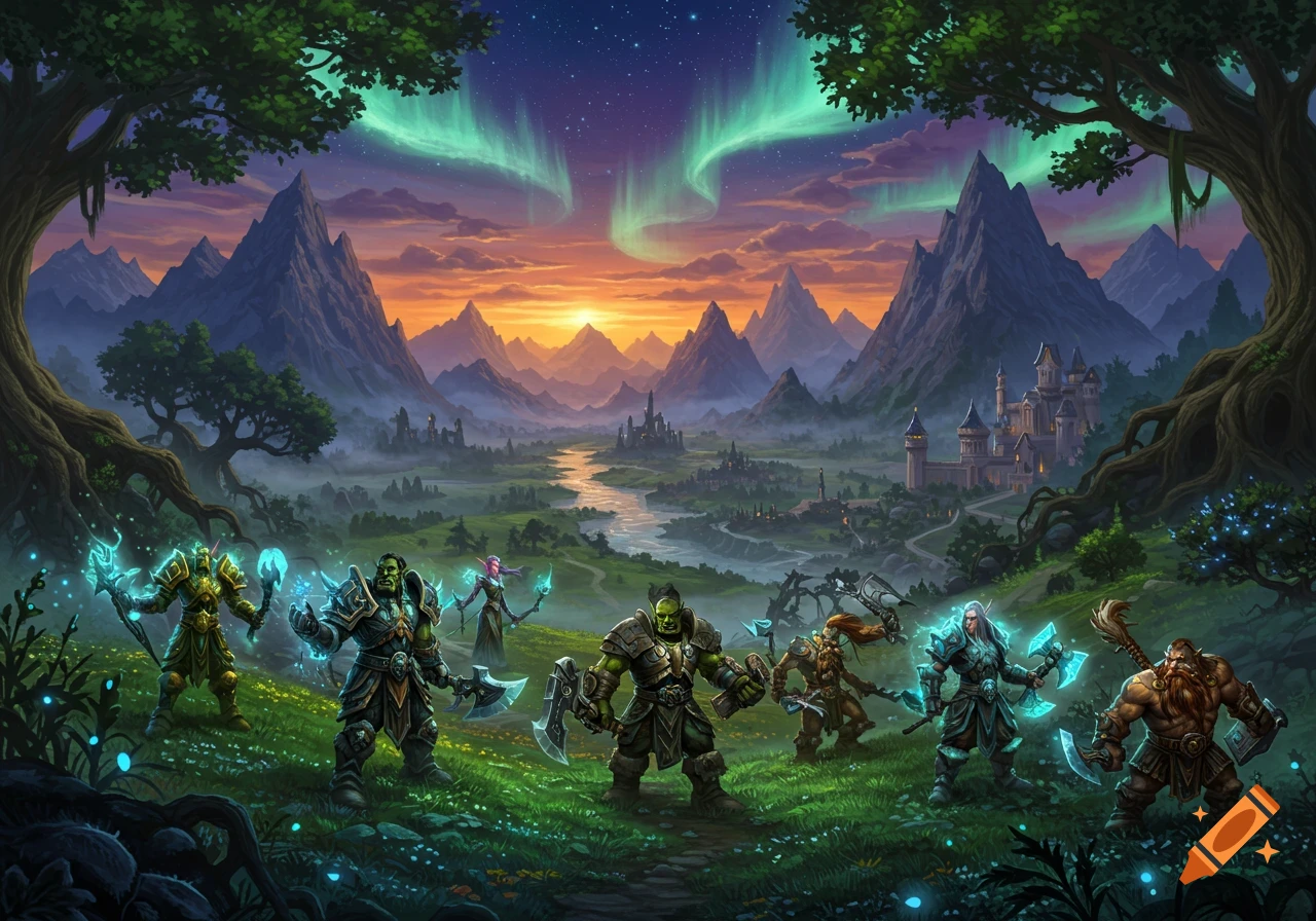 Fantasy characters including orcs, elves, and dwarves stand in a lush valley with a distant castle and mountains under an aurora-lit sky.