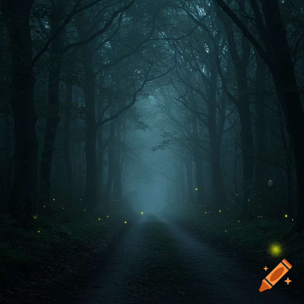 A dark, misty forest road at night, illuminated by glowing fireflies.