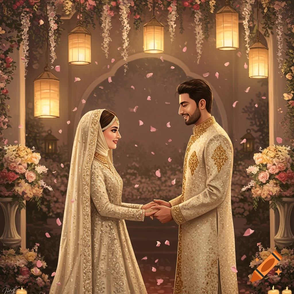 A Muslim bride and groom in traditional attire hold hands at their wedding, surrounded by flowers and lanterns.