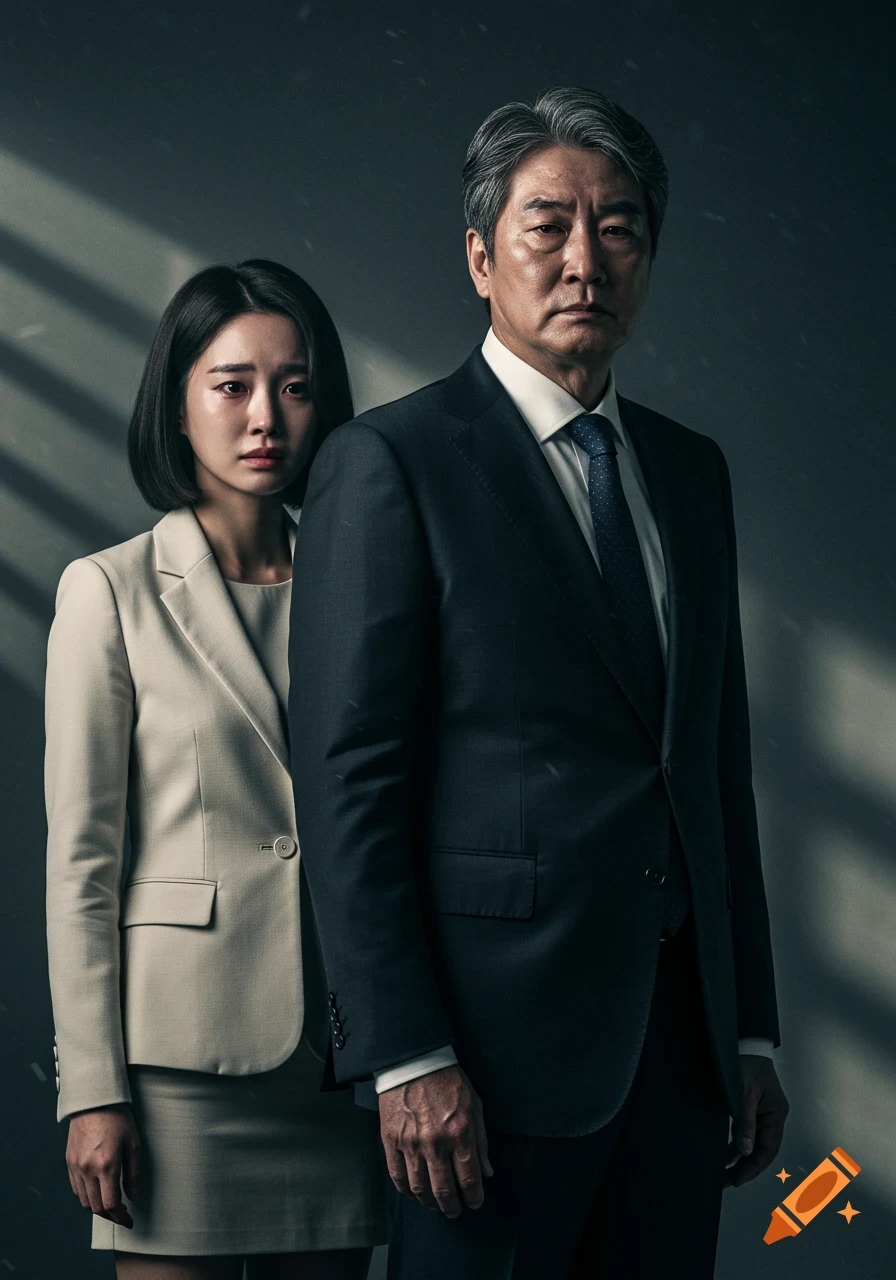A stern man in a dark suit stands beside a sad woman in an ivory suit jacket against a dark, dramatic background.