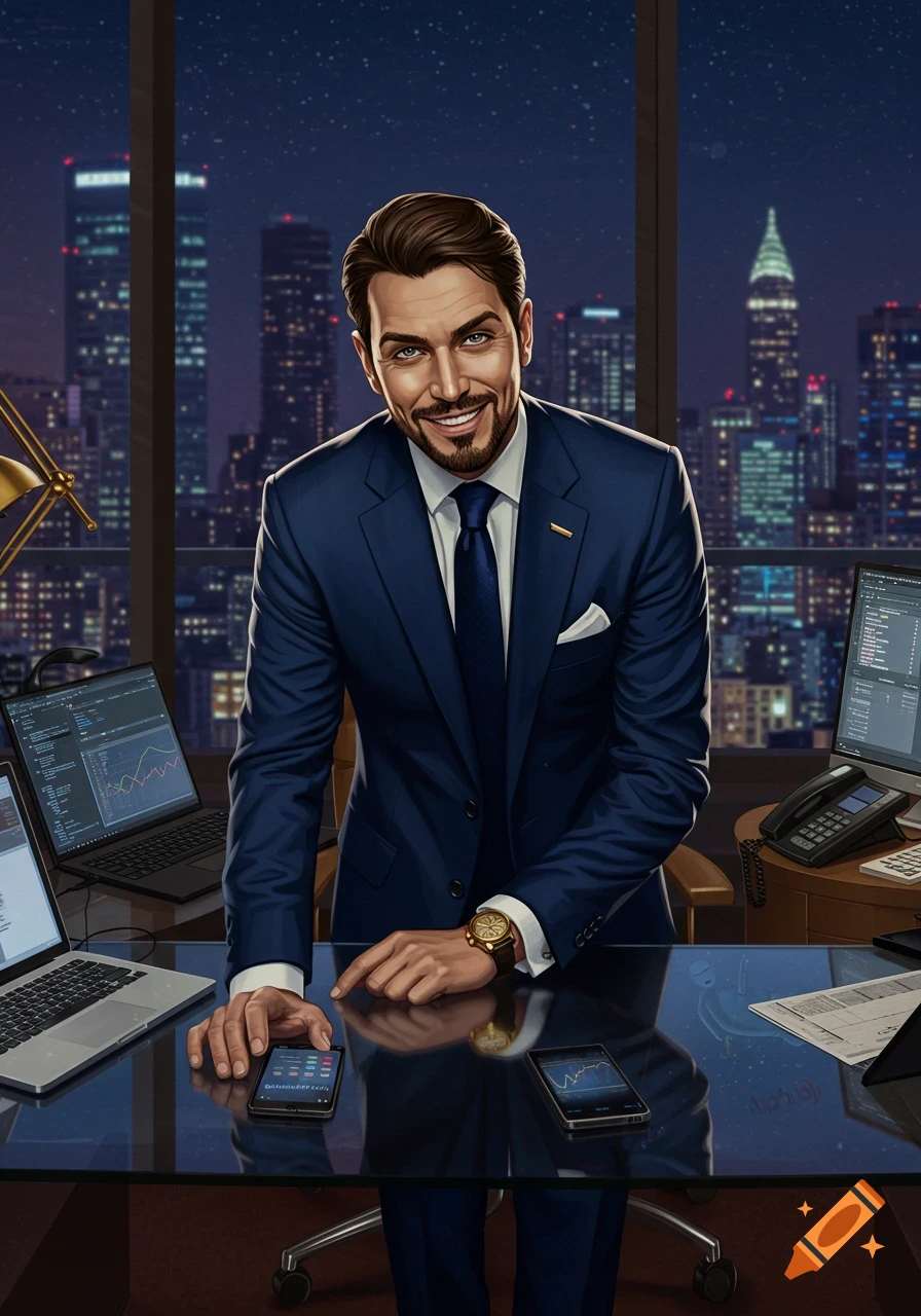 A smiling man in a blue suit leans on an office desk with laptops, a city skyline visible at night.