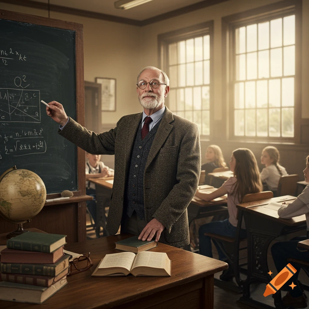 A photorealistic image of a male teacher with a beard and glasses teaching in a sunlit classroom, pointing at a blackboard with equations.