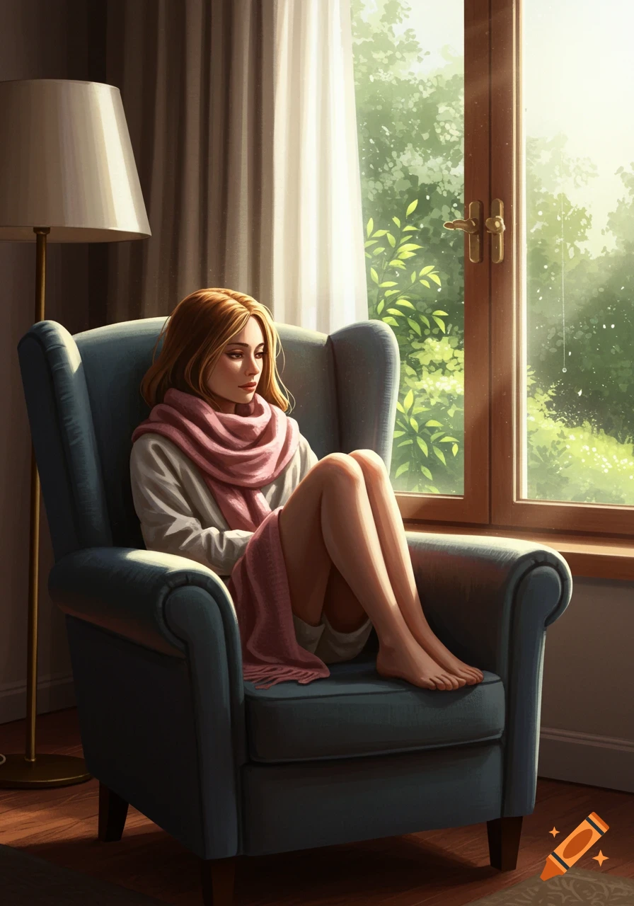 Illustration of a woman in a pink scarf sitting curled in a blue armchair by a sunlit window.