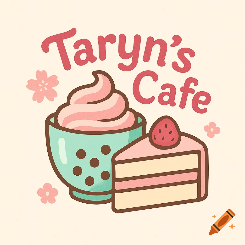 Cute logo for Taryn's Cafe featuring a boba drink, a slice of strawberry cake, and pink cherry blossoms on a light background.