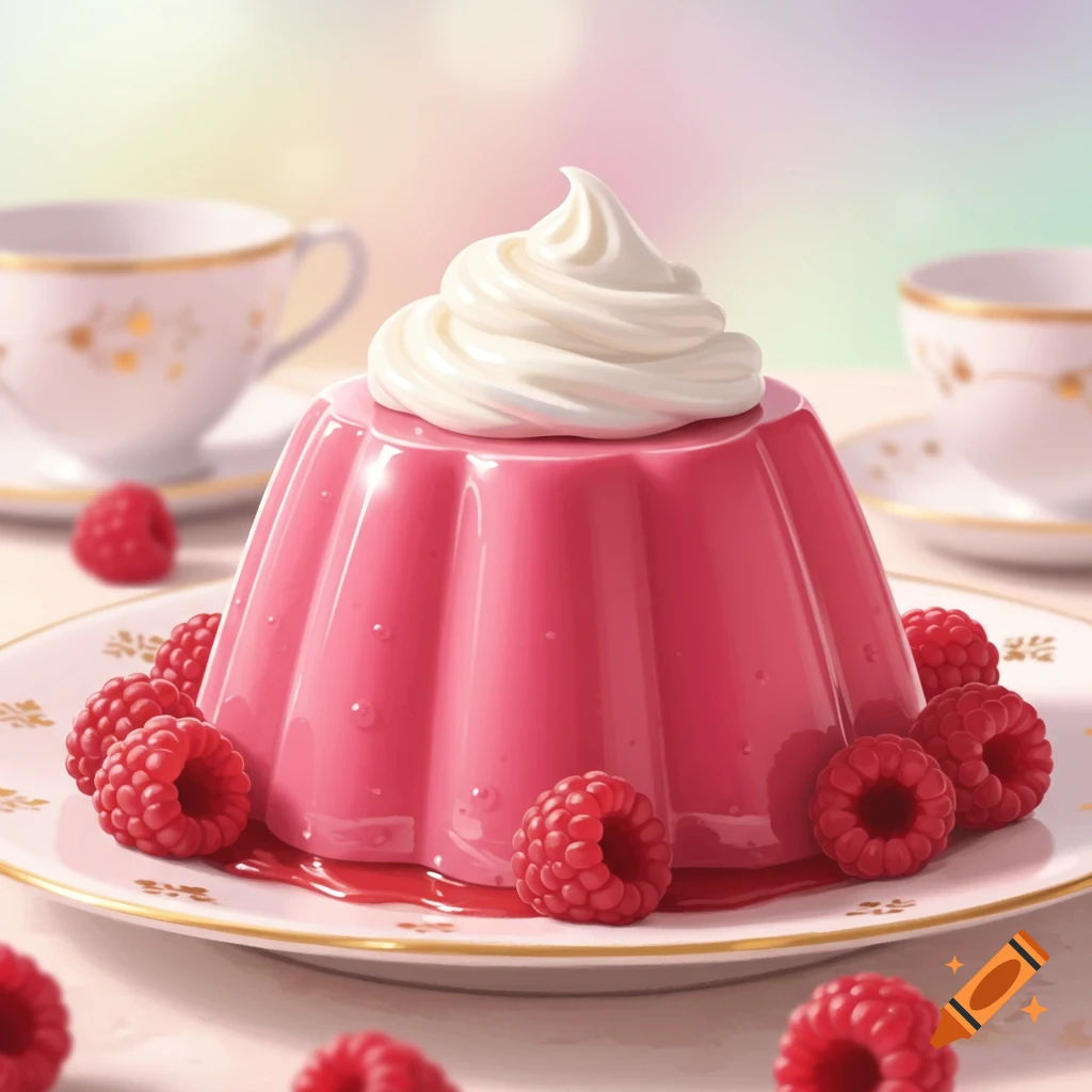 Bright pink fluted pudding topped with whipped cream, surrounded by fresh raspberries on a decorative plate, with blurred teacups in the background.