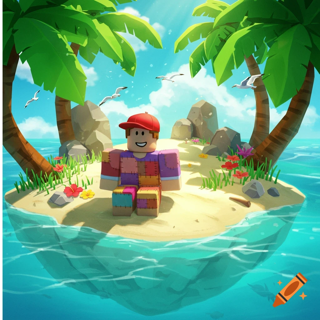 A blocky Roblox character with a red hat and patchwork shirt sits on a small tropical island with palm trees and ocean, in a cartoon style.