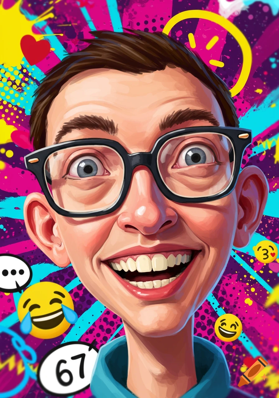 Vibrant cartoon portrait of a wide-eyed, smiling man in glasses, surrounded by colorful splatters and emojis including '67'.