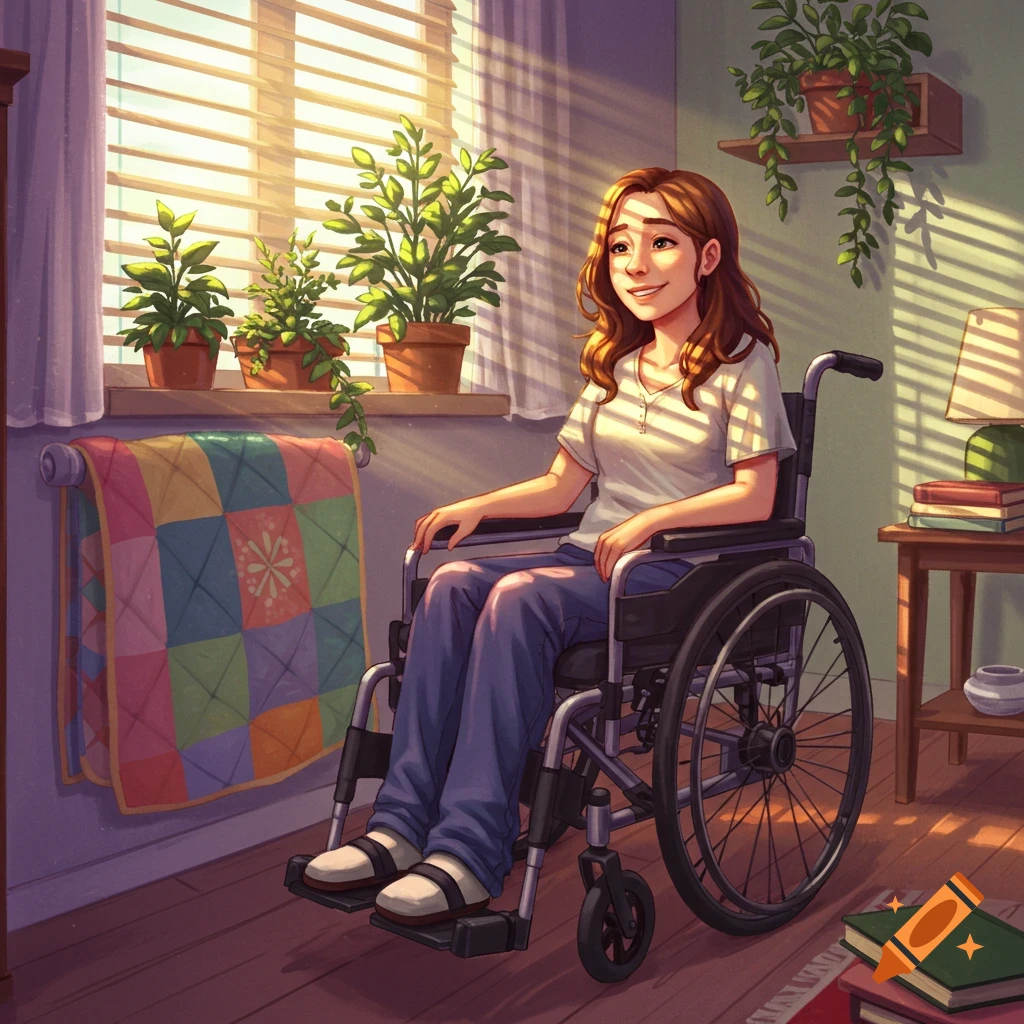 Illustrated portrait of a smiling young woman in a wheelchair by a sunlit window with plants and a colorful quilt.
