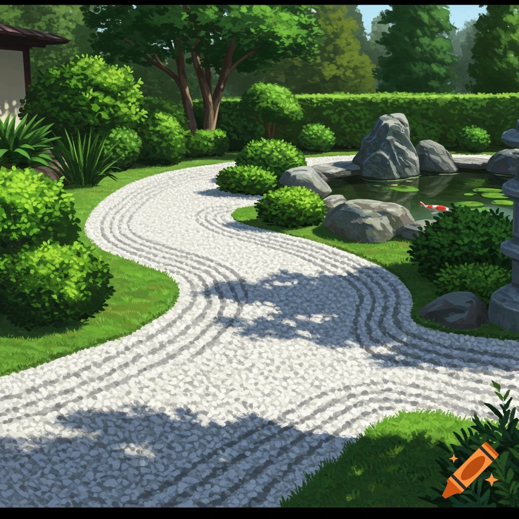 A stylized Japanese Zen garden with a winding white gravel path, green bushes, a pond with a koi fish, and rocks.