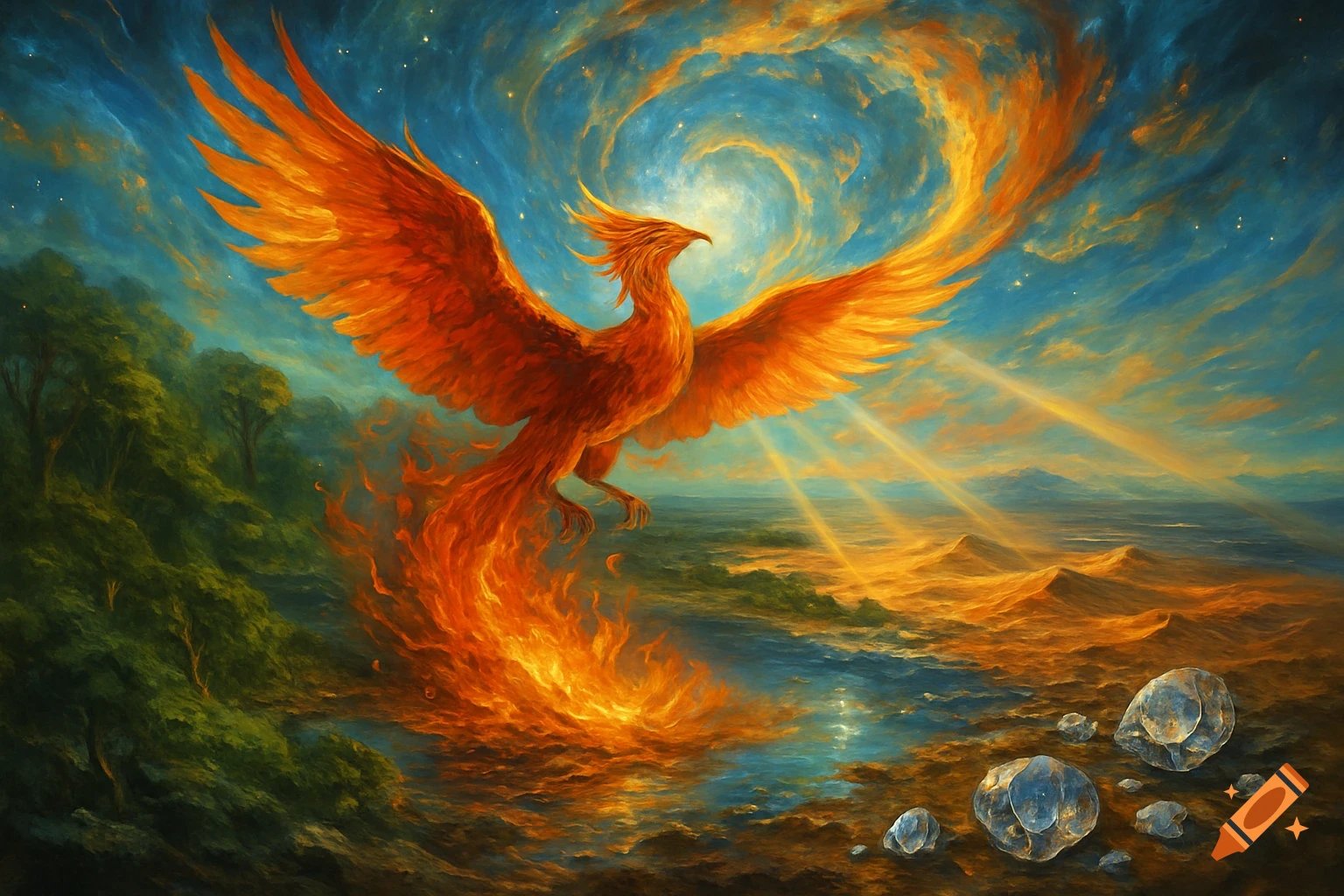 A magnificent fiery phoenix with outstretched wings soars over a vibrant, painterly fantasy landscape with water and glowing elements.