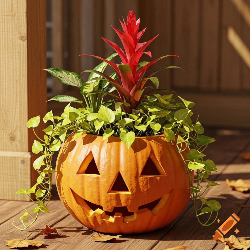 A jack-o'-lantern planter filled with green trailing plants and a red bromeliad, on a wooden porch with autumn leaves.