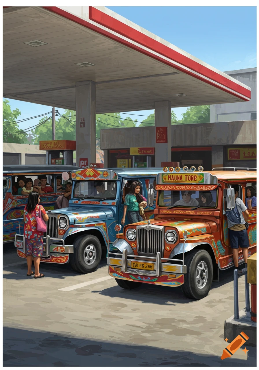 An illustration of several colorful jeepneys and people at a gasoline station under a red and white canopy, in a bright, stylized scene.
