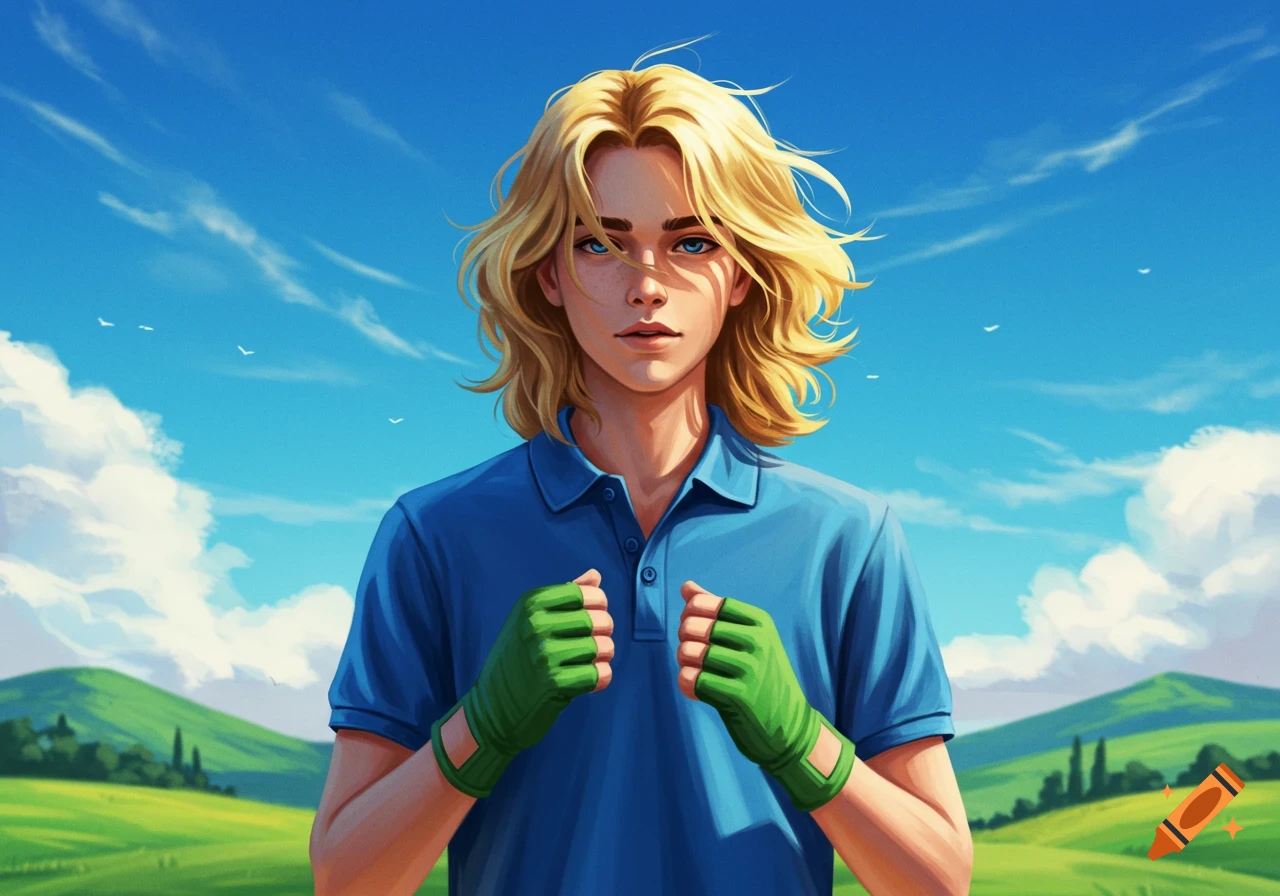 Digital art of a blonde boy in a blue polo and green gloves, standing outdoors against a blue sky and green hills.