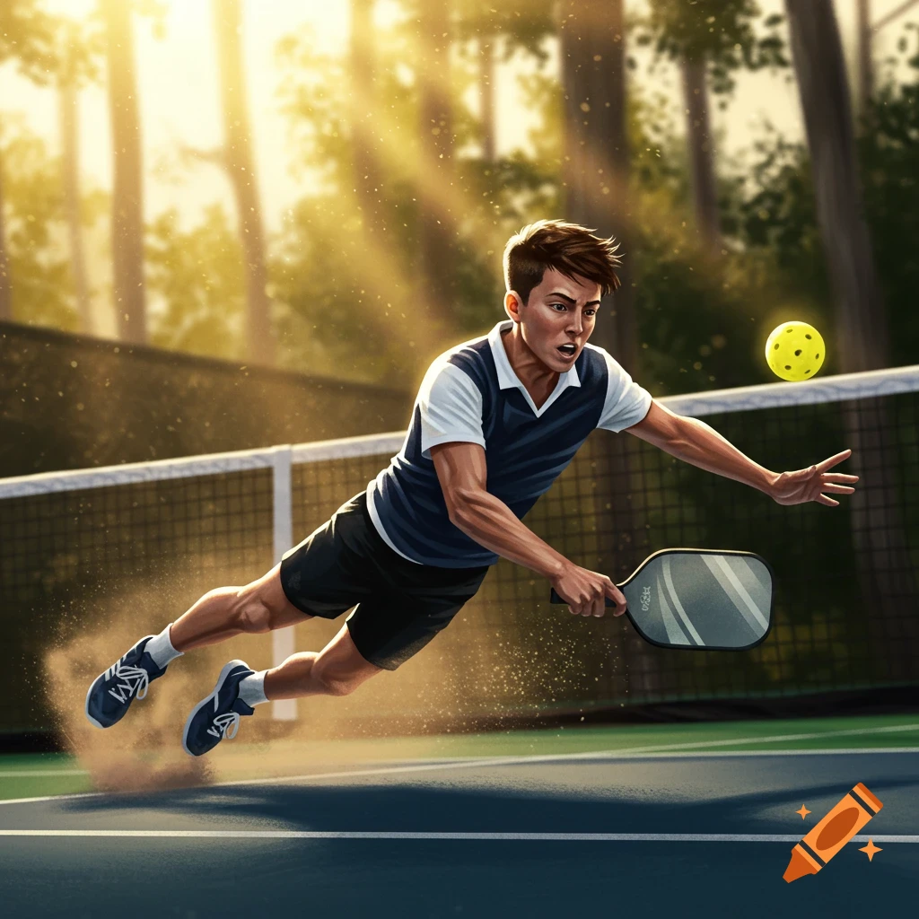 Dynamic illustration of a male pickleball player diving low to hit a yellow ball over the net on a sunny outdoor court.