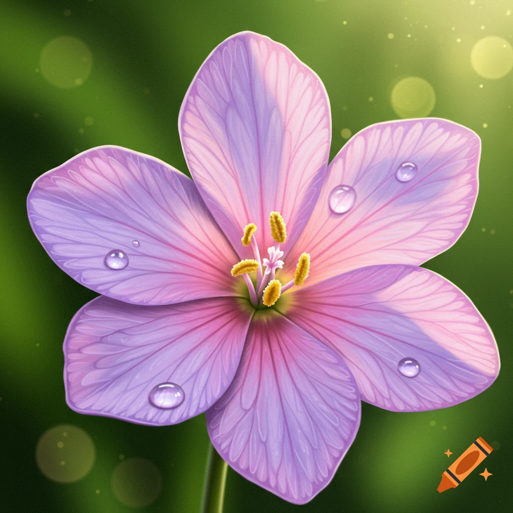 Vibrant pink and purple flower with water droplets on petals against a soft green bokeh background, digital illustration.
