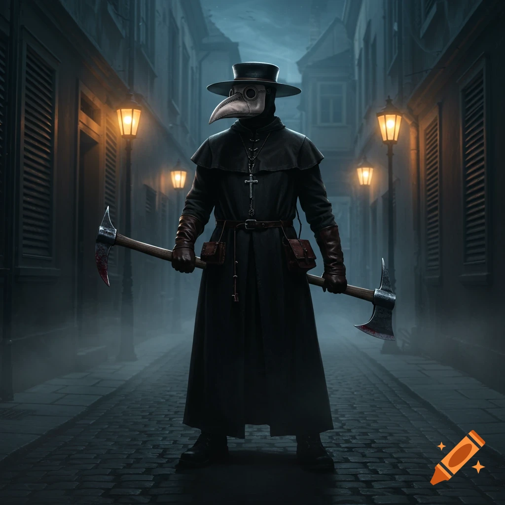 A dark, atmospheric image of a plague doctor in a black cloak and hat, holding two hatchets in a foggy alley at night.